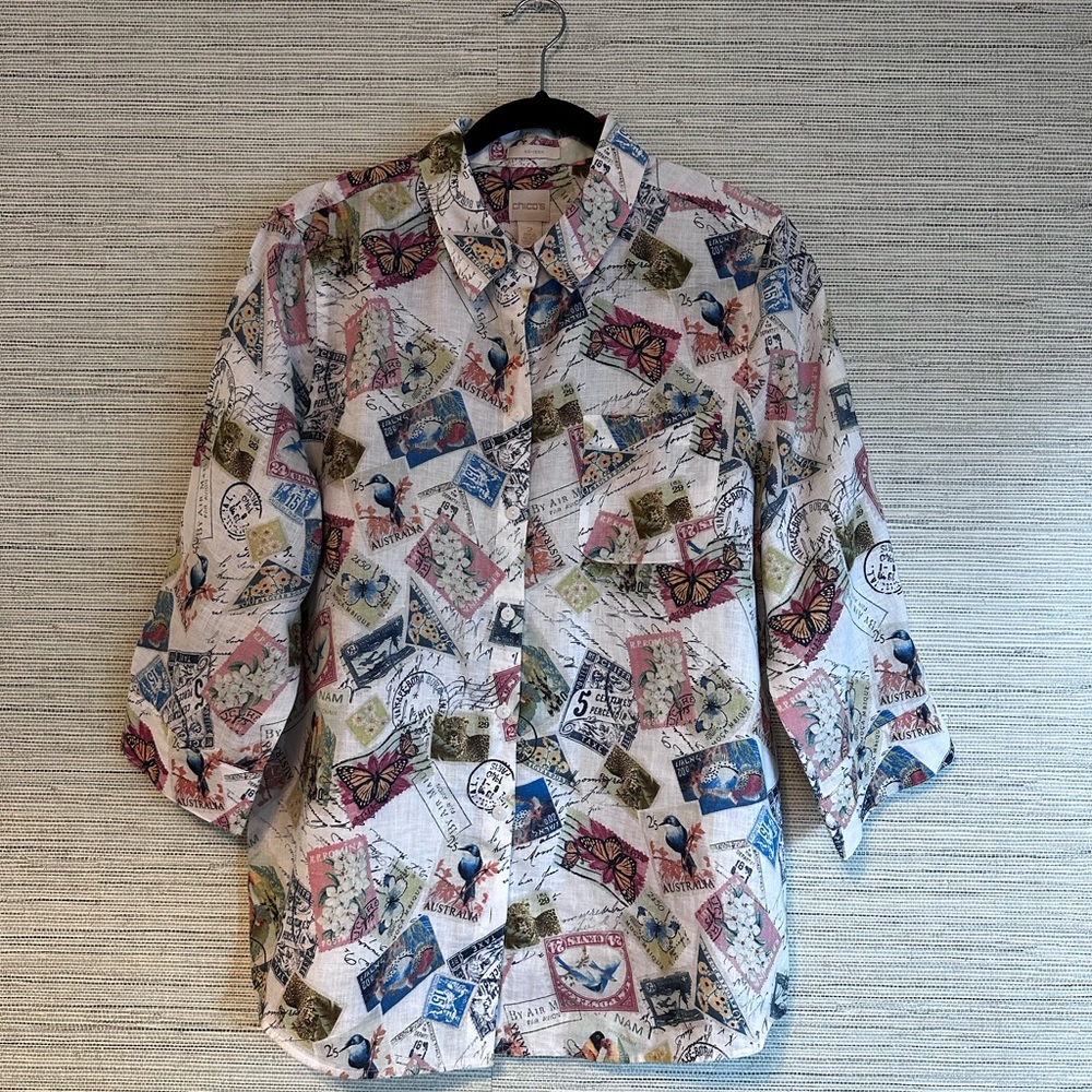 Women’s Chicos 3/4 Sleeve Button Up Shirt Postage Stamp print World Nature sz 2